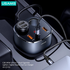 Tẩu sạc xe hơi USAMS US-CC151 C28 245W 2A+C 3 Ports + Dual Cigarette Lighters Digital Display Fast Car Charger grey ( CC151TC01 )