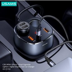 Tẩu sạc xe hơi USAMS US-CC151 C28 245W 2A+C 3 Ports + Dual Cigarette Lighters Digital Display Fast Car Charger grey ( CC151TC01 )