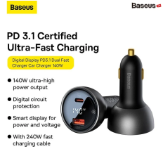 Tẩu Sạc Nhanh Dùng Trên Ô Tô Baseus Digital Display PD3.1 Dual Fast Charger Car Charger U+C 140W Kèm Cáp C to C 240W