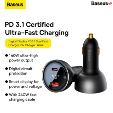 Tẩu Sạc Nhanh Dùng Trên Ô Tô Baseus Digital Display PD3.1 Dual Fast Charger Car Charger U+C 140W Kèm Cáp C to C 240W