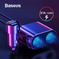  Tẩu sạc đa năng tích hợp bộ chia cổng sạc Baseus High Efficiency 1 to 2 Cigarette Lighter (Dual-Cigarette lighter 80W + Dual USB 3.1A, Smart Extended Car Charger)